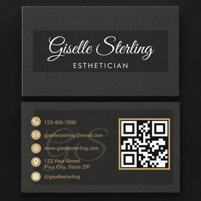 Tarjeta De Visita Esthetician QR Code Black Linen Luxury  (Subido por el creador)
