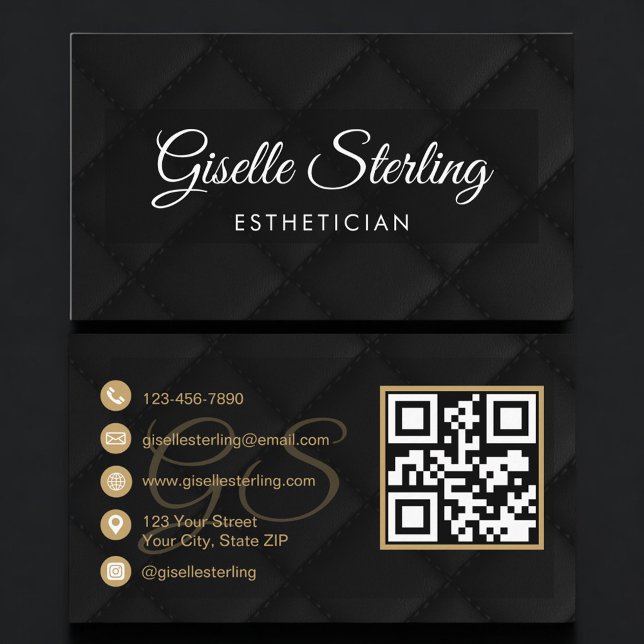Tarjeta De Visita Esthetician QR Code Black Quilted Leather Luxury  (Subido por el creador)