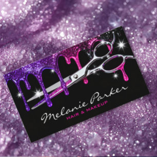 Tarjeta De Visita Estilista de cabello con brillo morado rosa Glam D