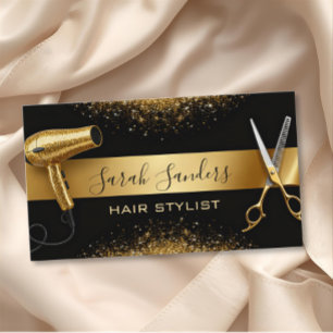 Tarjeta De Visita Estilista de cabello Glitter Dorado y Glam Negro 