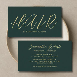 Tarjeta De Visita Estilista de cabello moderno chic script verde