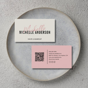 Tarjeta De Visita Estilista de cabello Moderno Neutro y Código QR Ro