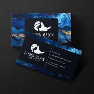 Tarjeta De Visita Estilista de cabello Salón de belleza Blue Gold Bl
