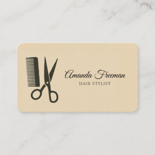 Tarjeta De Visita Estilista de color beige y pelo negro mínimo
