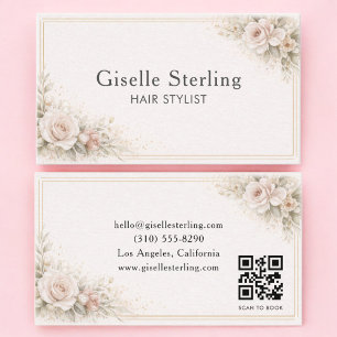 Tarjeta De Visita Estilista de Pelo Código QR Floral Neutral Profesi