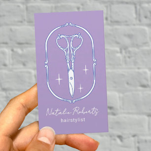 Tarjeta De Visita Estilista de Pelo Tijera Monigote Lila Salón de Be