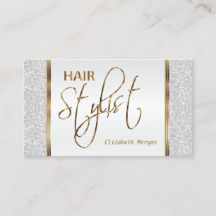 Tarjeta De Visita Estilista del cabello en un Purpurina blanco