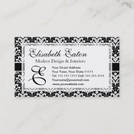 Tarjeta De Visita Estilo Art Deco de Damasco Retro Formal Blanco y N