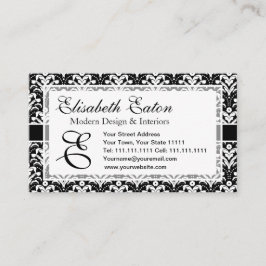 Tarjeta De Visita Estilo Art Deco de Damasco Retro Formal Blanco y N