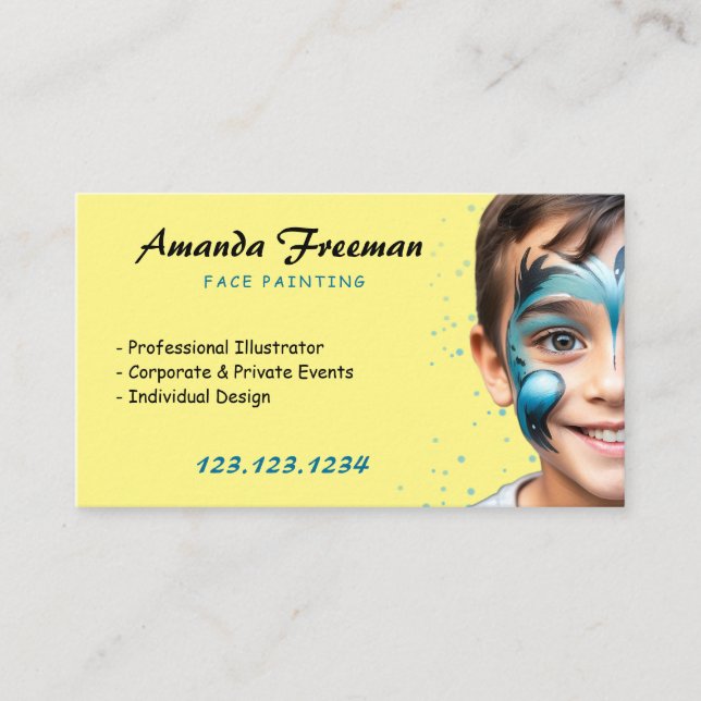Tarjeta De Visita Estilo azul y amarillo Fiesta pintador de cara (Anverso)