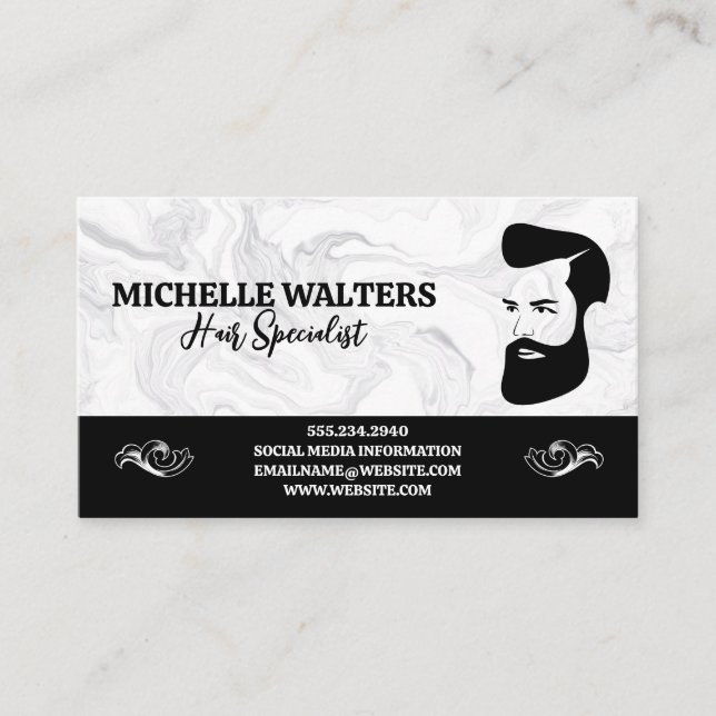 Tarjeta De Visita Estilo de hombre y pelo con barba | Mármol (Anverso)