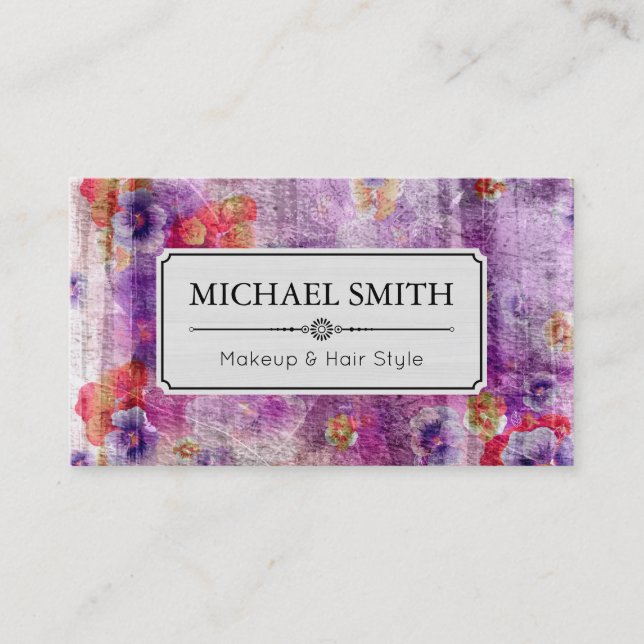 Tarjeta De Visita Estilo de pelo de maquillaje Patrón floral púrpura (Anverso)