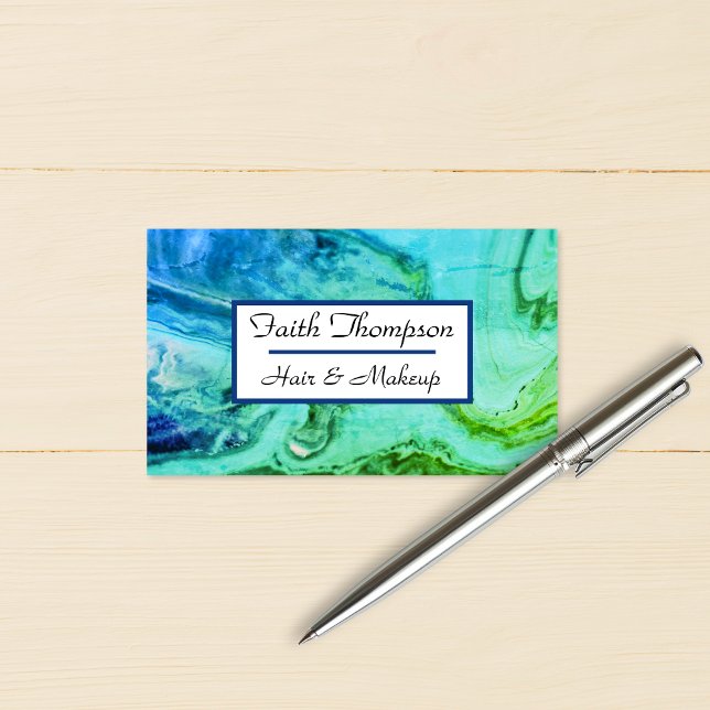 Tarjeta De Visita Estilo de piel de mármol verde azul de moda (Trendy Blue Green Marble Hair Stylist Business Card)