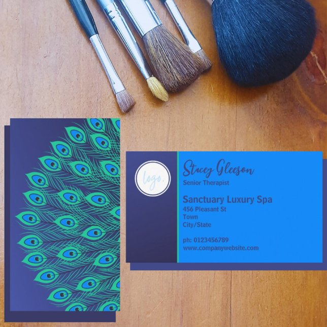 TARJETA DE VISITA ESTILO LOGO ART DECO BLUE GREEN PEACOCK FEATHER (Subido por el creador)