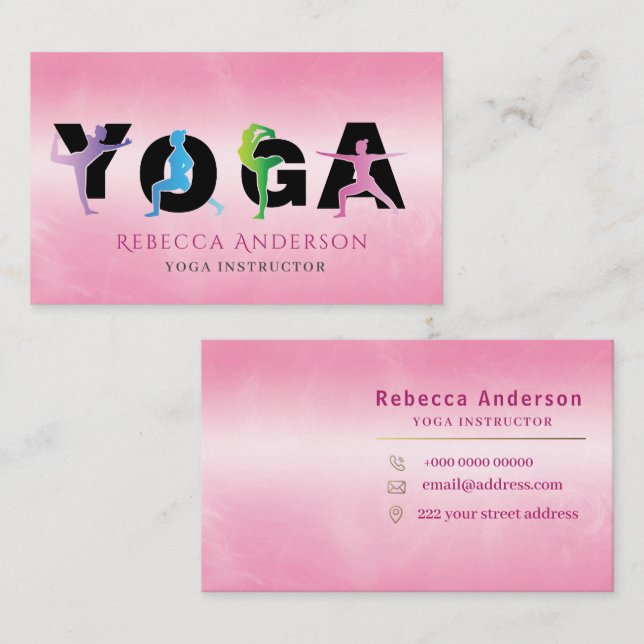Tarjeta De Visita Estilo moderno del instructor de yoga rosa (Anverso / Reverso)
