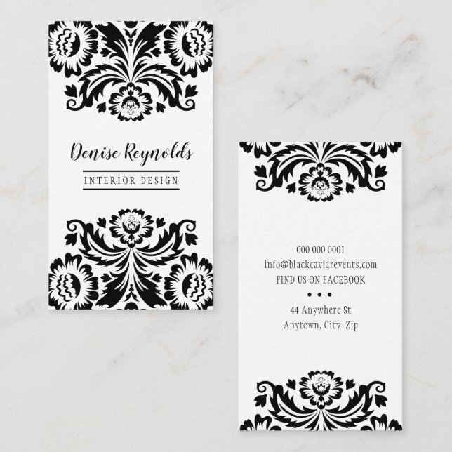 Tarjeta De Visita ESTILO NEGOCIO elegante bonito damasco blanco negr (Anverso / Reverso)