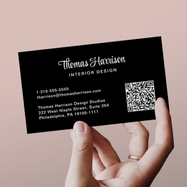 Tarjeta De Visita Estilo Script Profesional Código QR Negro (Capture attention, make connections, and leave a lasting impression with our modern QR business card)