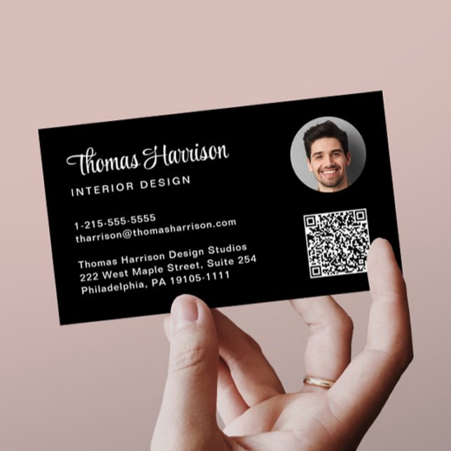 Tarjeta De Visita Estilo Script Profesional QR Código Foto Negro (Capture attention, make connections, and leave a lasting impression with our modern QR business card)