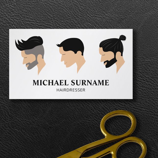 Tarjeta De Visita Estilos de pelo de tres hombres dibujando barbería (Ideal business card for hairdressers and barbers featuring three illustrated men's hairstyles.)