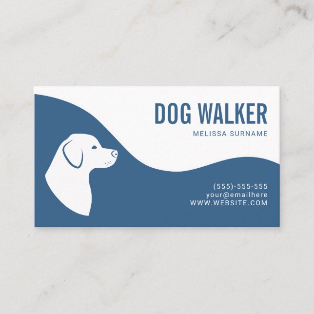 Tarjeta De Visita Estiloso Caminador De Perros De Silhouette Azul Y  (Anverso)