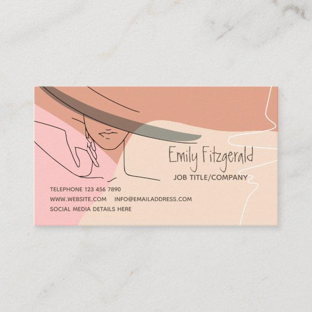 Tarjeta De Visita Estiloso dibujo de líneas hembra en crema rosa a m (Anverso)