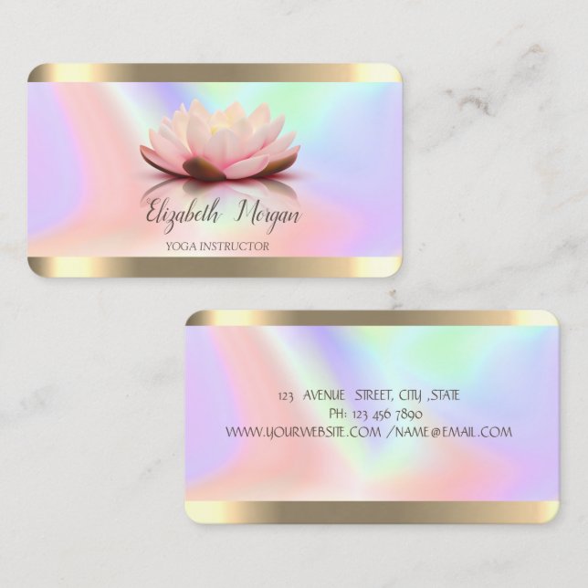Tarjeta De Visita Estiloso Flower Gold Stripe Yoga Holográfico (Anverso / Reverso)