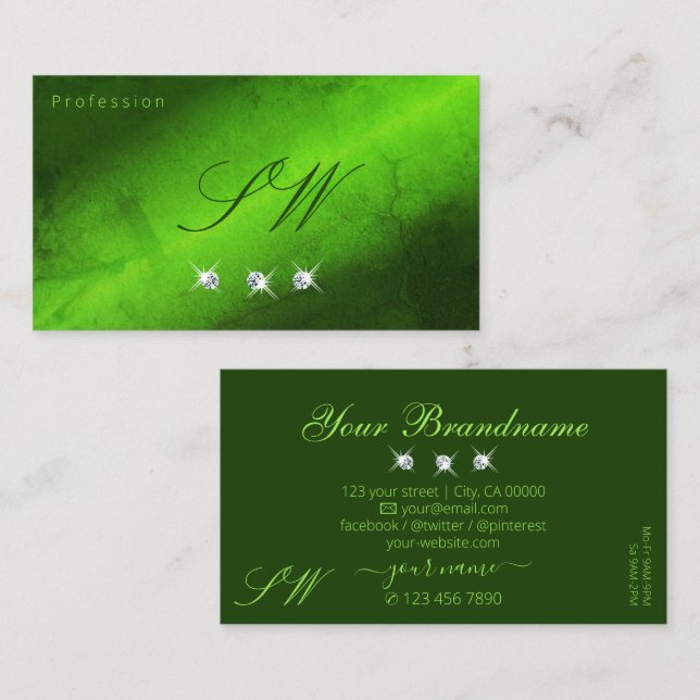 Tarjeta De Visita Estiloso Marble Green Sparkling Diamonds Iniciales (Anverso / Reverso)