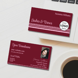 Tarjeta De Visita Estiloso Wine Red Pink Stripes con Logo y Foto