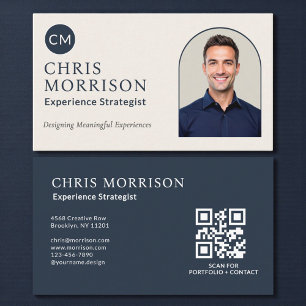 Tarjeta De Visita Estratega de Experiencia Foto Código QR Azul Marin
