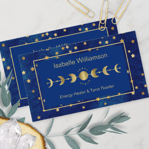 Tarjeta De Visita Estrellas Celestes Fase Lunar Azul Marino Dorado