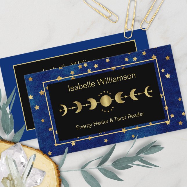 Tarjeta De Visita Estrellas celestes Moon Phase Navy Blue Gold (Subido por el creador)