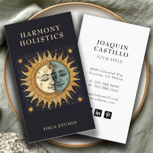 Tarjeta De Visita Estrellas de luna de sol celestial holístico dorad