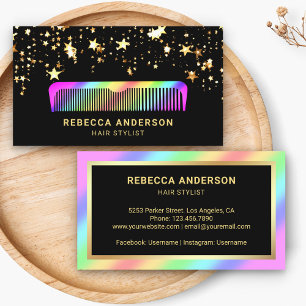 Tarjeta De Visita Estrellas Doradas Confeti Peine Arcoíris Peluquero