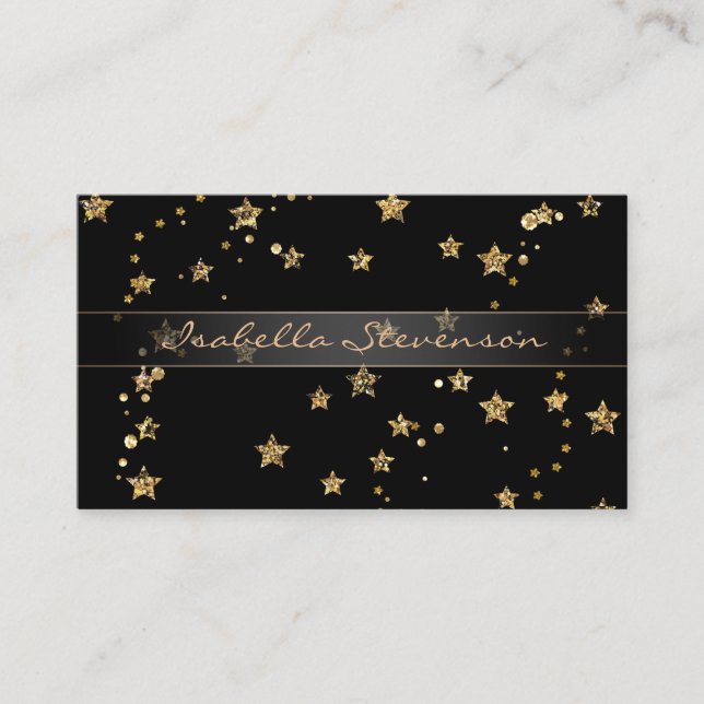 Tarjeta De Visita Estrellas doradas de Confetti purpurina luce negro (Anverso)
