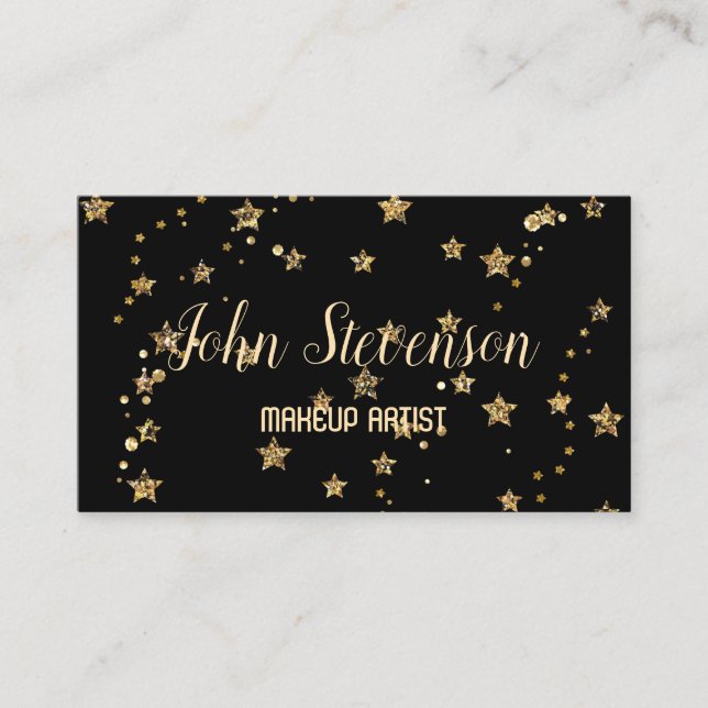 Tarjeta De Visita Estrellas doradas de Confetti purpurina luce negro (Anverso)