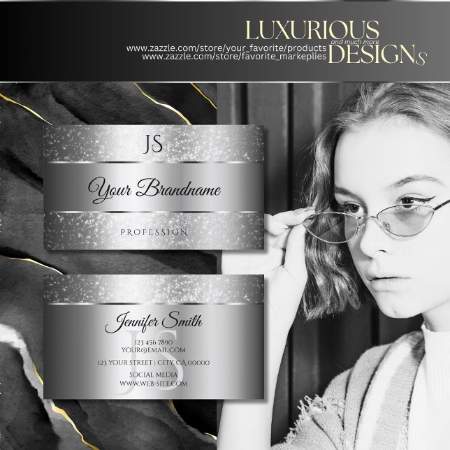 Tarjeta De Visita Estrellas e iniciales de Purpurina Silver Sparkle  (Subido por el creador)