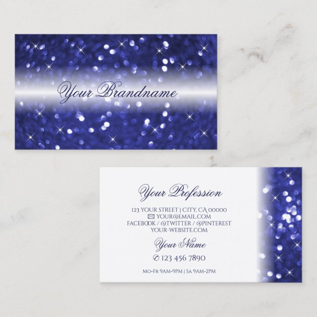 Tarjeta De Visita Estrellas Purpurinas de espuma azul blanca y elega (Anverso / Reverso)