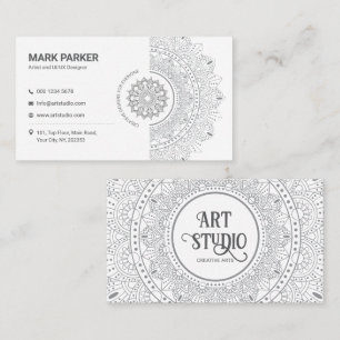 Tarjeta De Visita Estudio de Arte de Mandala Elegante Blanco Creativ
