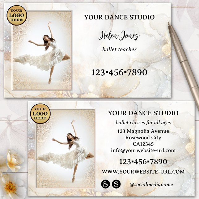 Tarjeta De Visita Estudio de ballet artístico marfileño de oro (Photo business card for a dance or ballet teacher, dance school or studio - logo - social media)