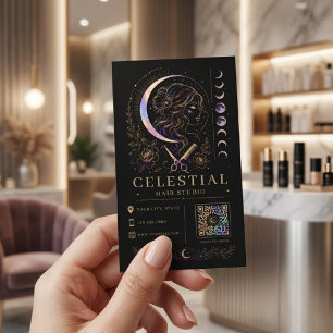 Tarjeta De Visita Estudio de Cabello Celestial Luxury Black Gold QR 
