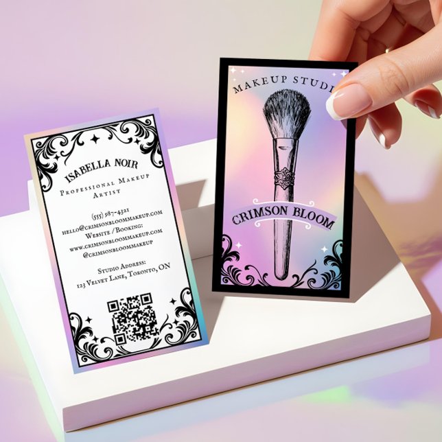 Tarjeta De Visita Estudio de Maquillaje de Belleza Holográfico Iride (Iridescent holographic Beauty Makeup Studio Luxury Business Card)