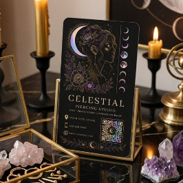 Tarjeta De Visita Estudio de Piercing Celestial Lujo Negro Oro QR 