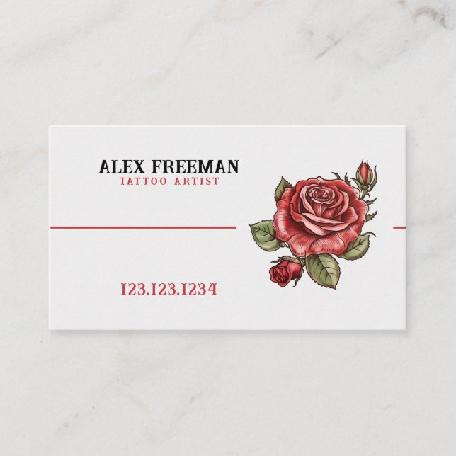 Tarjeta De Visita Estudio de tatuaje de rosa blanca y roja moderna (Anverso)