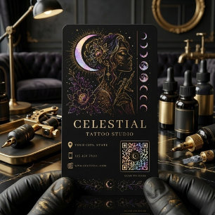 Tarjeta De Visita Estudio de Tatuajes Celestiales Luxury Negro Oro Q