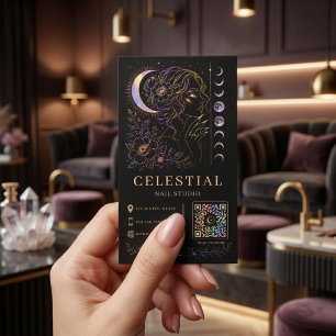 Tarjeta De Visita Estudio de Uñas Celestiales Luxury Black Gold QR B