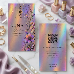 Tarjeta De Visita Estudio de Uñas Holográficas Luxury QR Artista de