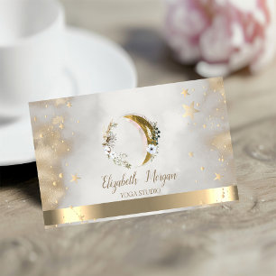 Tarjeta De Visita Estudio de Yoga Floral Luna Dorada Estrellas
