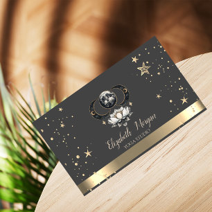 Tarjeta De Visita Estudio de Yoga Lotus Gray Moon Gold Stars