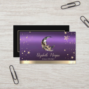 Tarjeta De Visita Estudio de Yoga Luna Pluma Estrellas Doradas Negro