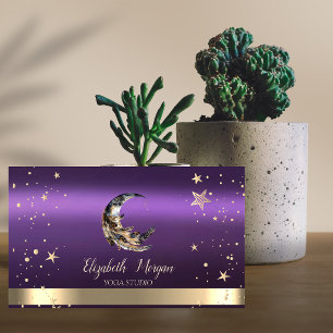 Tarjeta De Visita Estudio de Yoga Luna Pluma Estrellas Doradas Negro